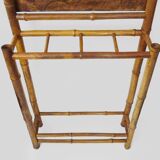 Art nouveau bamboo coat rack with beveled mirror. 5 coat hooks, umbrella stand.