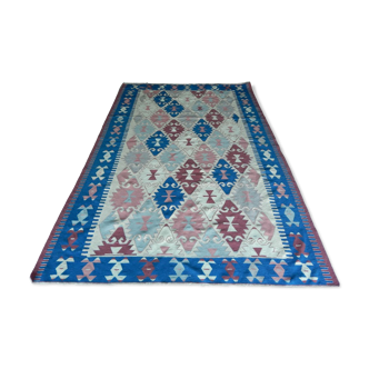 Vintage blue Turkish kilim rug with diamond pattern (200 x 295 cm)