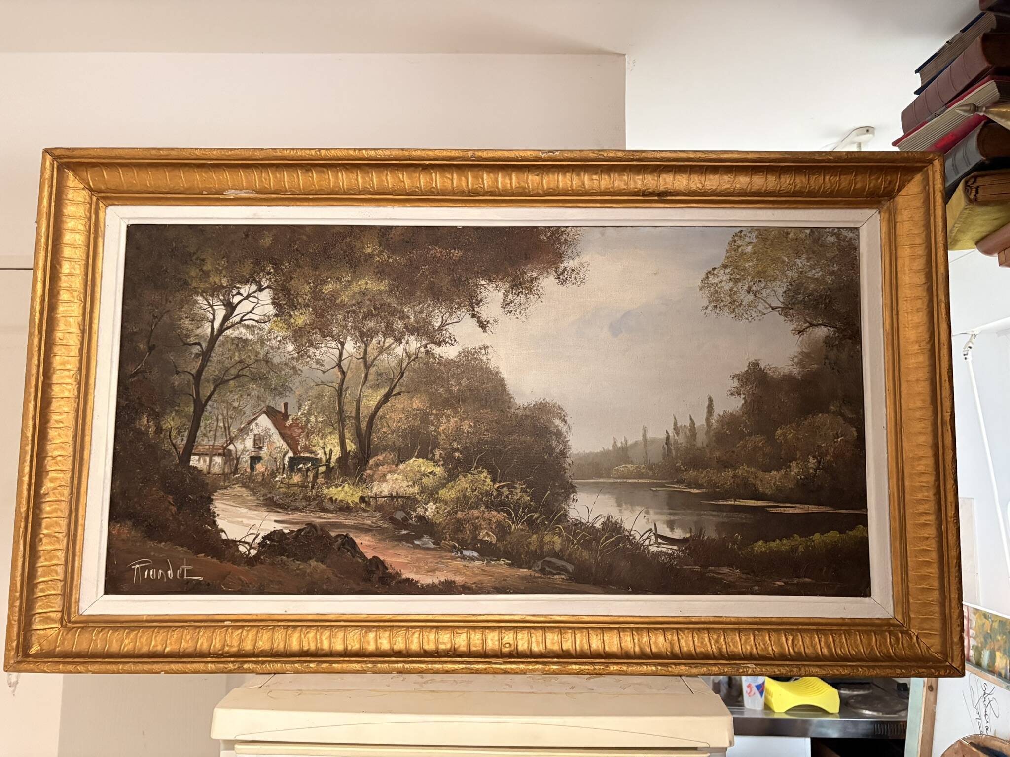Tableau huile toile paysage lacustre lac xixème riondet 1809-1866 115x65cm