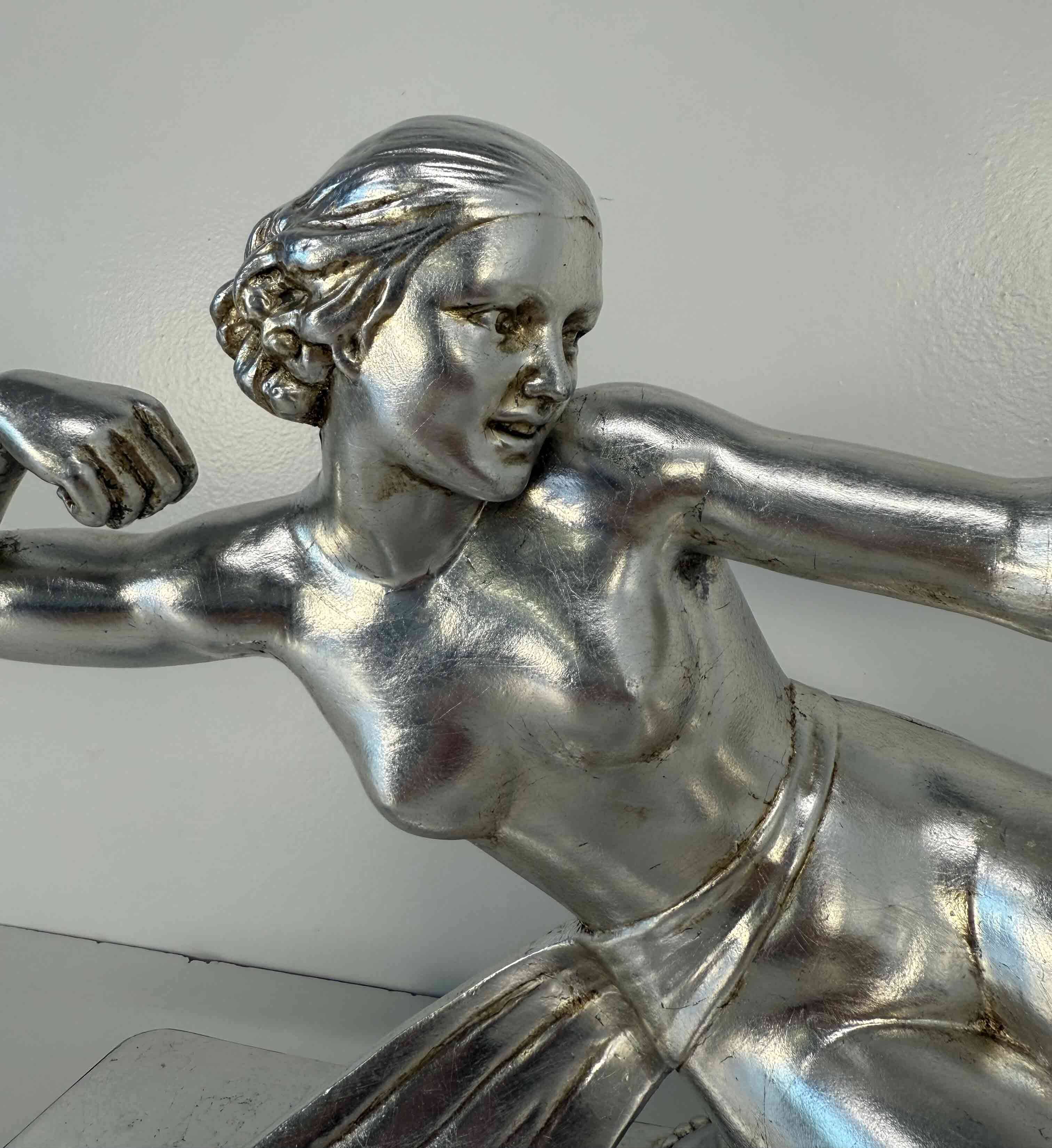 Diana the Huntress Art Deco Silver Leaf Sculpture by Salvatore Melani, 1930