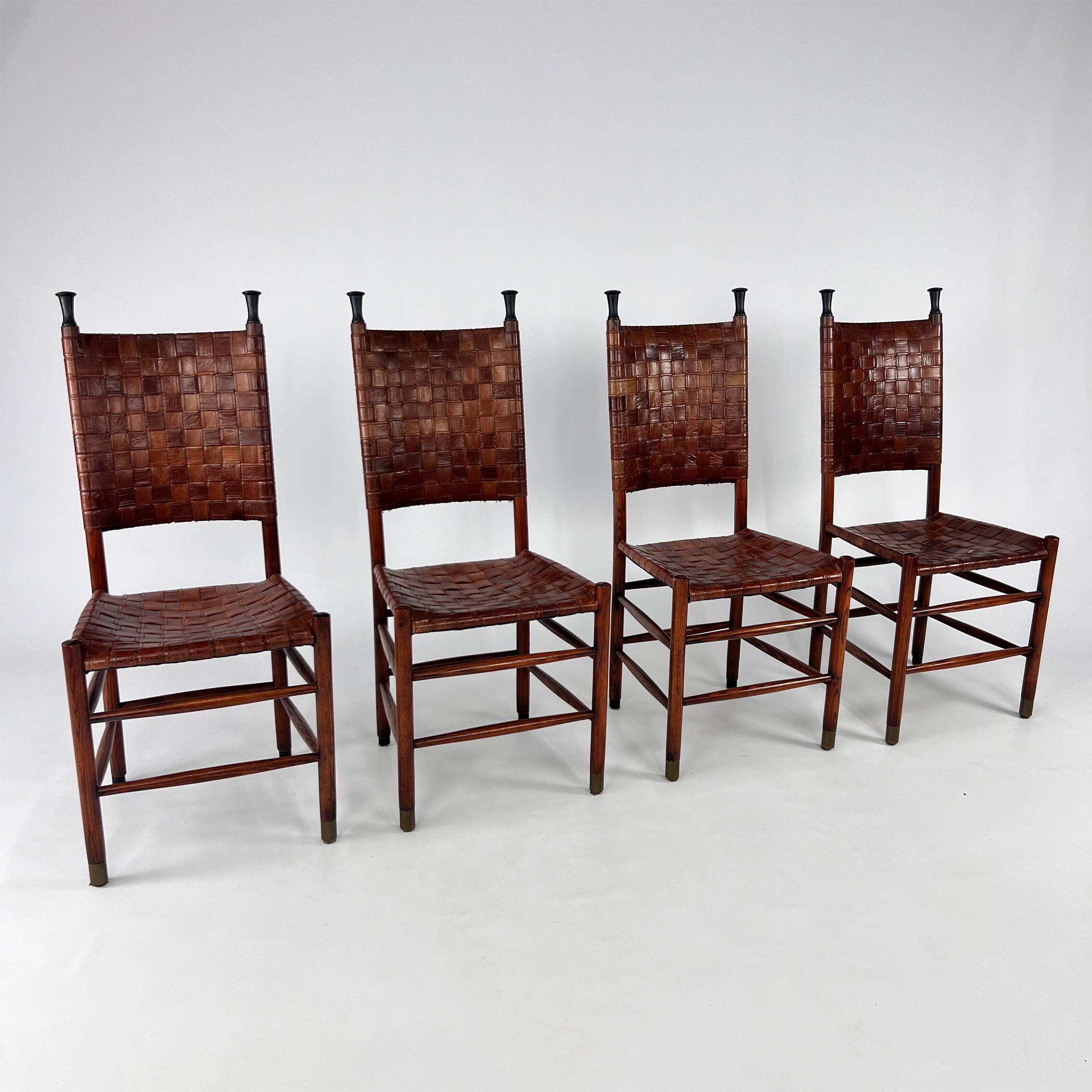 Set of 4 Pine and Leather Dining Chairs, 1970s