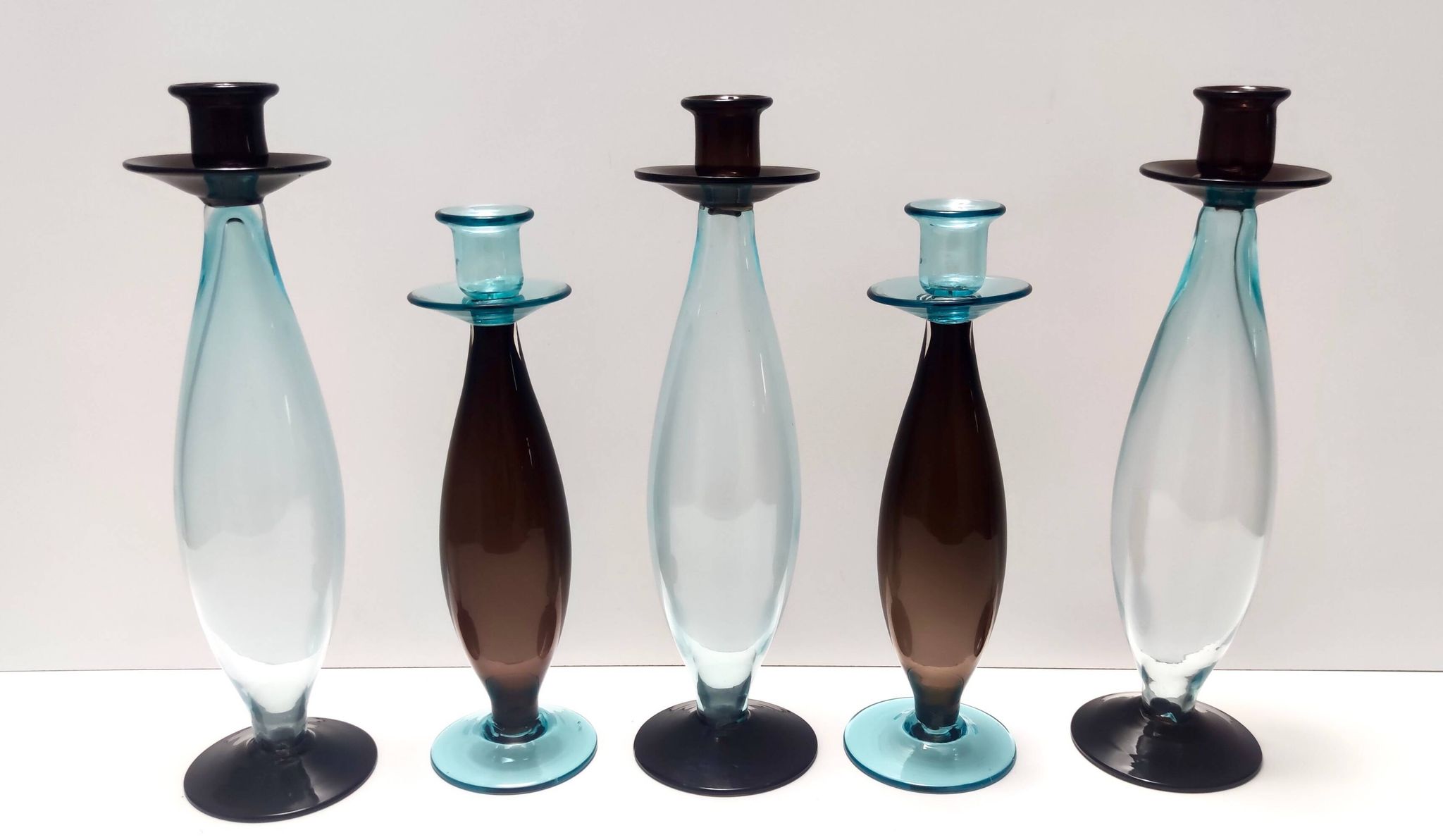 Pair of Brown and Aquamarine Murano Glass Candleholders, Italy