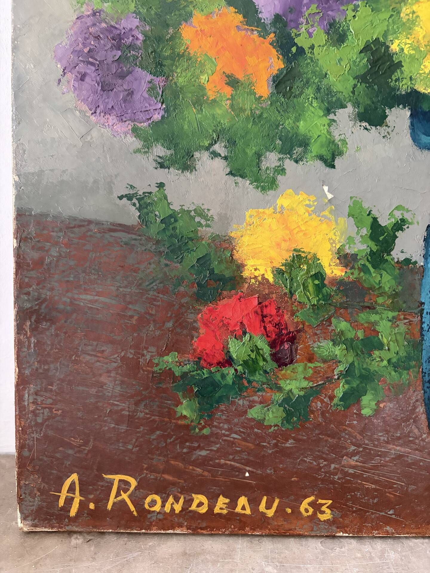 Bouquet in a jug, oil on canvas signed Rondeau 1963