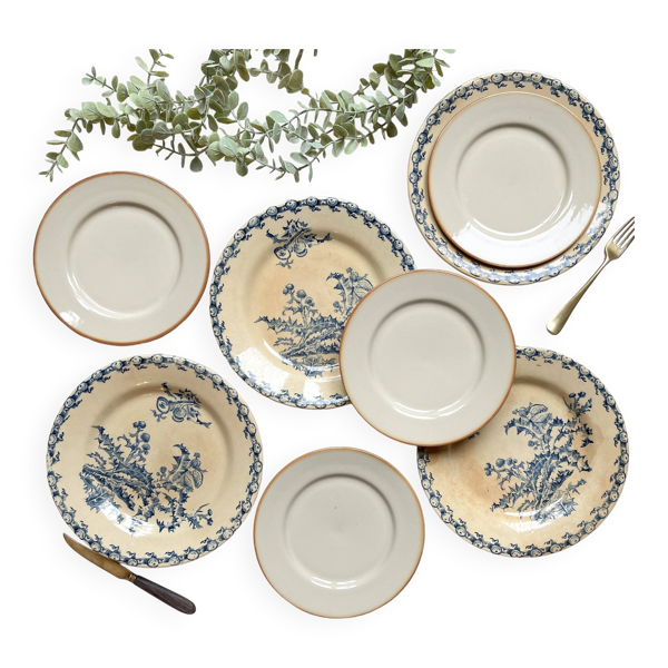 4 assiettes terre de fer gien chardon + 4 petites assiettes dépareillées grès tulowice