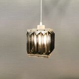 Old Swedish lamp made of metal and smoked solid glass pieces.