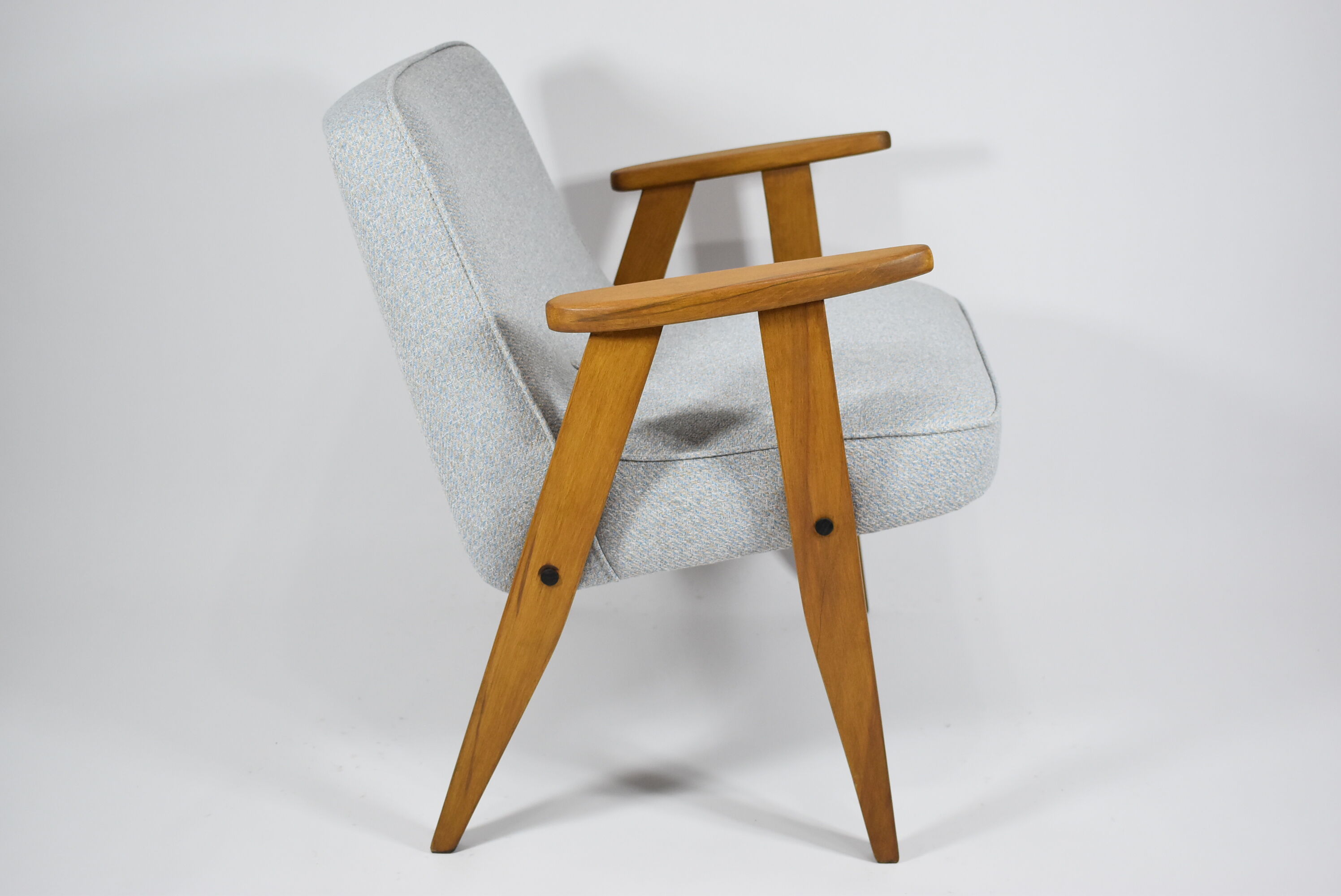 Vintage armchair model 366, 60s, blue fabric, teak wood