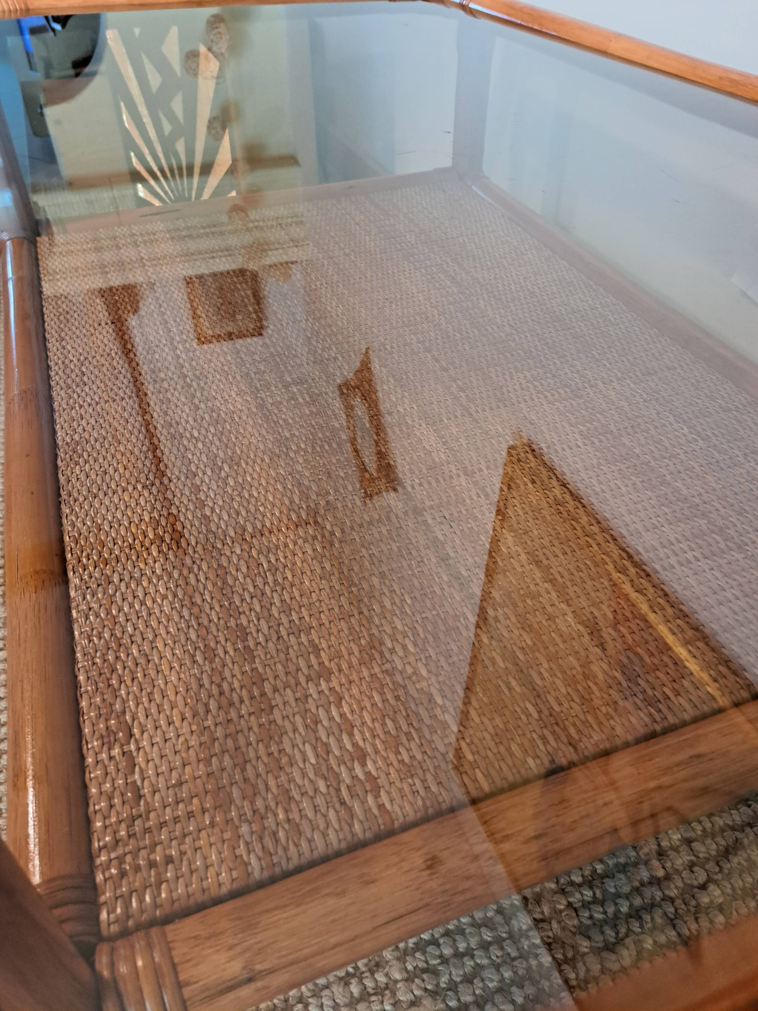 Vintage rectangular rattan and bamboo coffee table