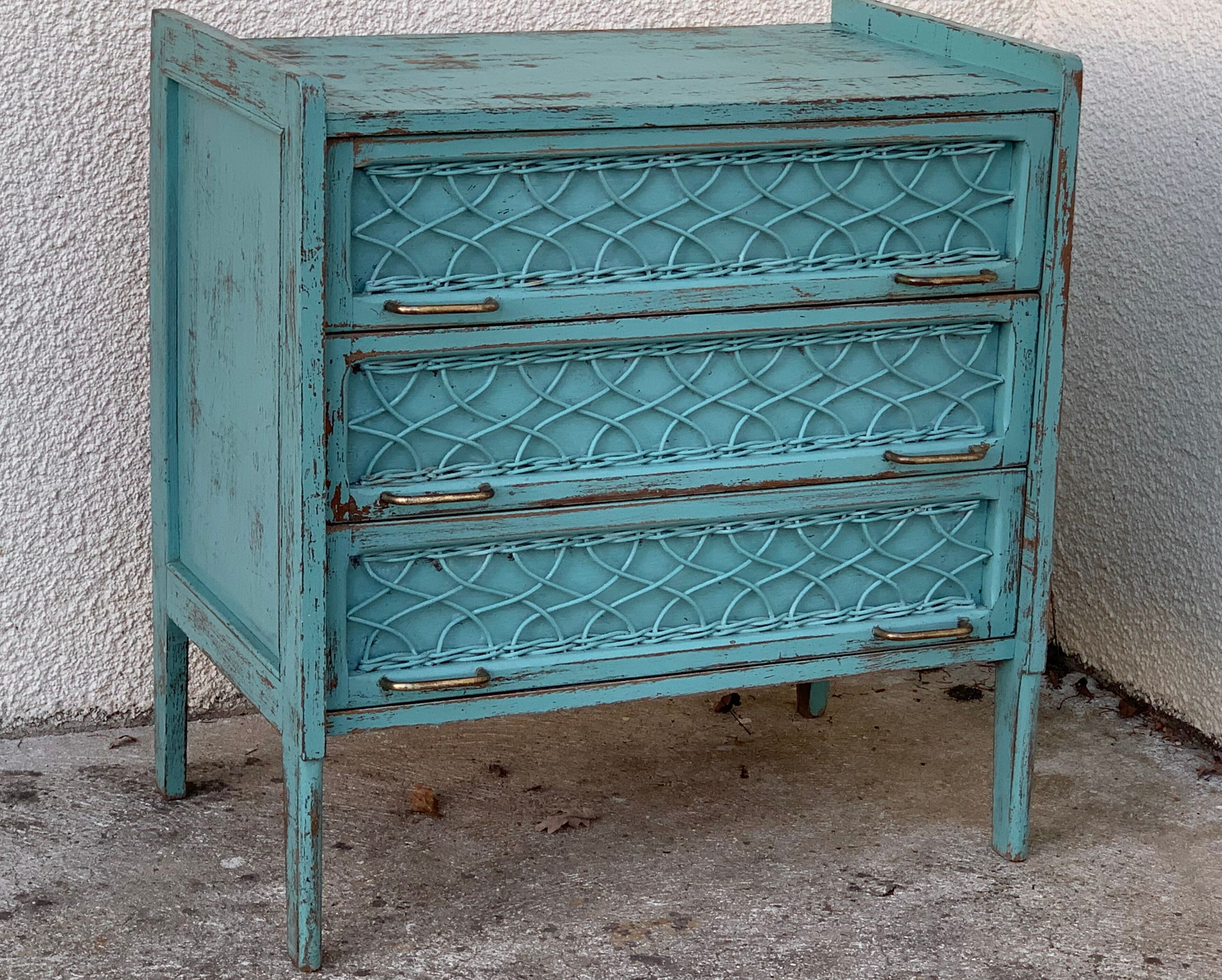 Vintage chest of drawers wood and rattan patina turquoise 1950