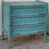 Vintage chest of drawers wood and rattan patina turquoise 1950