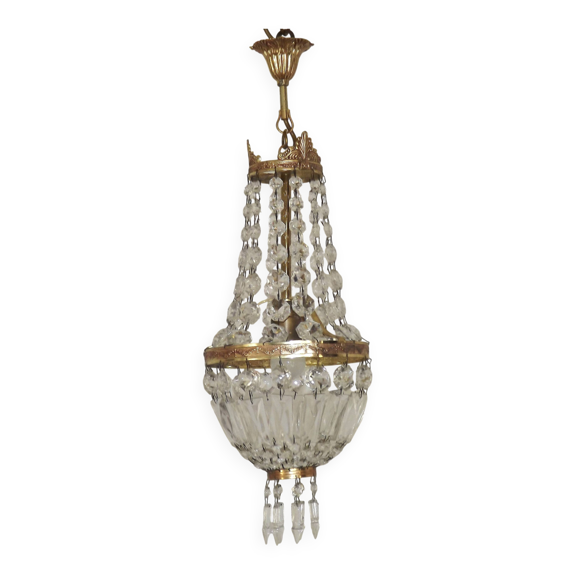 French Empire Style Bronze Single Montgolfier Crystal Basket Chandelier