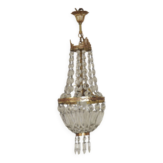 French Empire Style Bronze Single Montgolfier Crystal Basket Chandelier
