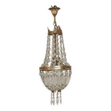 French Empire Style Bronze Single Montgolfier Crystal Basket Chandelier