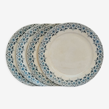 Lotde 4 assiettes plates modèle Lucie U&G Sarreguemines Digoin crème et liseret fleuri bleu