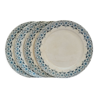 Lotde 4 assiettes plates modèle Lucie U&G Sarreguemines Digoin crème et liseret fleuri bleu