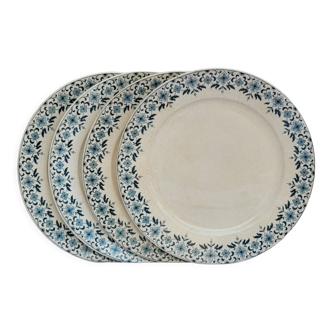 Lot of 4 flat plates model Lucie U&G Sarreguemines Digoin cream and blue floral border