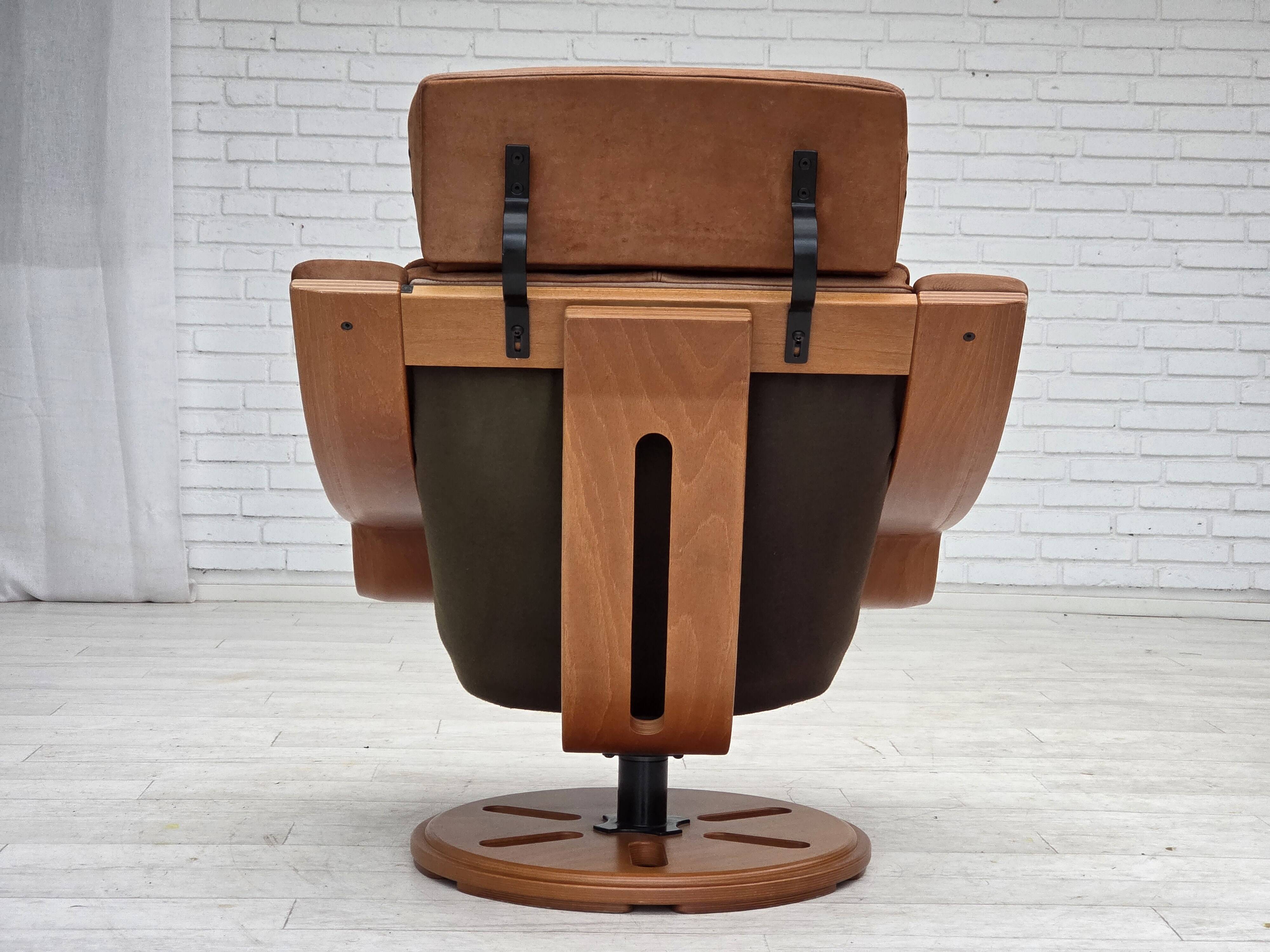 1980s, Swedish swivel armchair, nubuck leather, canvas, bent beech wood.