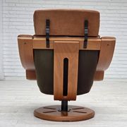 1980s, Swedish swivel armchair, nubuck leather, canvas, bent beech wood.