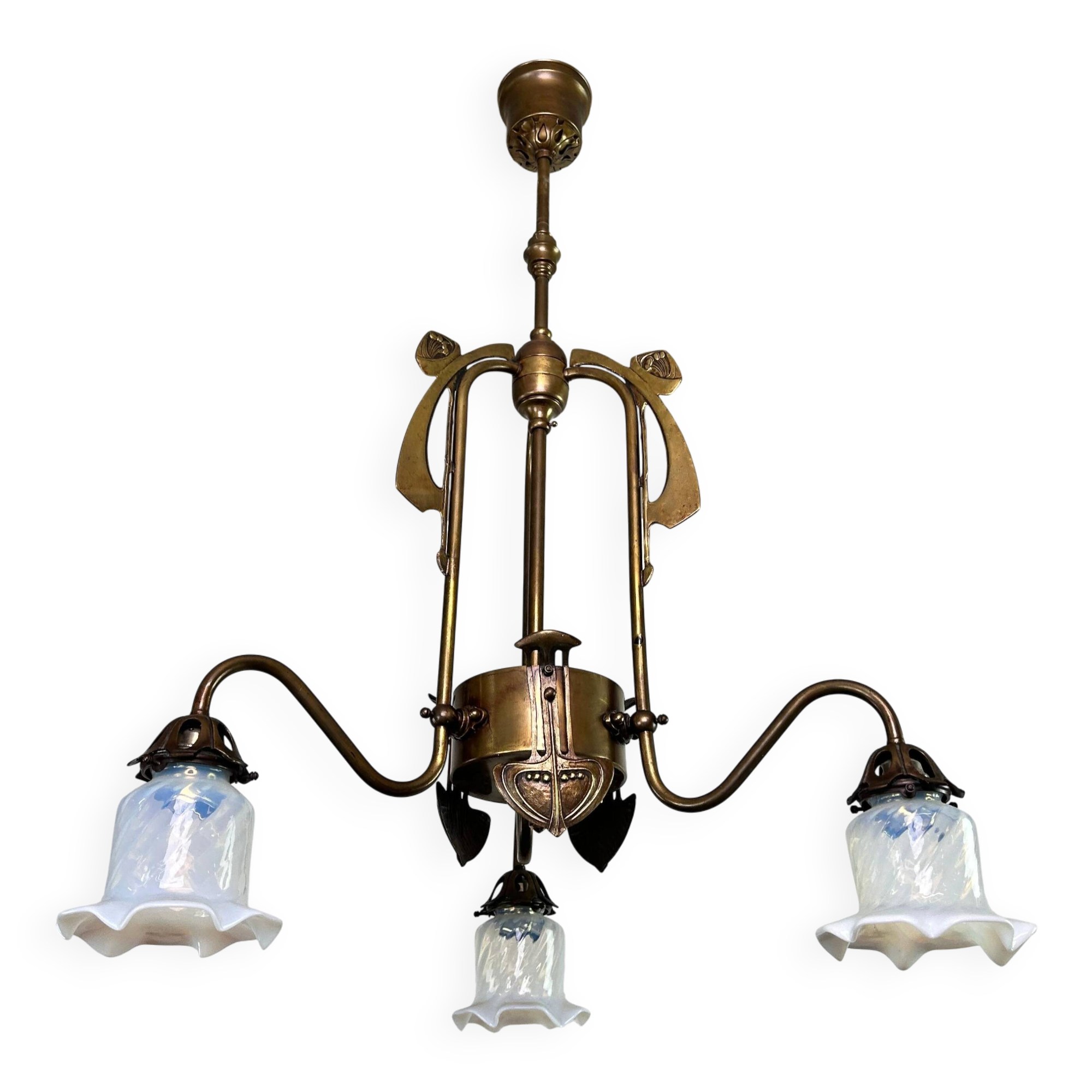 Art Nouveau chandelier with three arms and opalescent iridescent glass.
