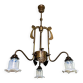 Art Nouveau chandelier with three arms and opalescent iridescent glass.