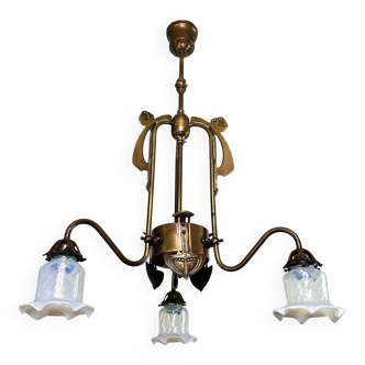 Art Nouveau chandelier with three arms and opalescent iridescent glass.