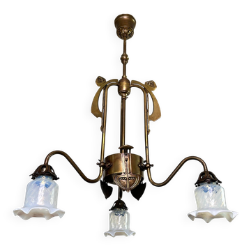 Art Nouveau chandelier with three arms and opalescent iridescent glass.