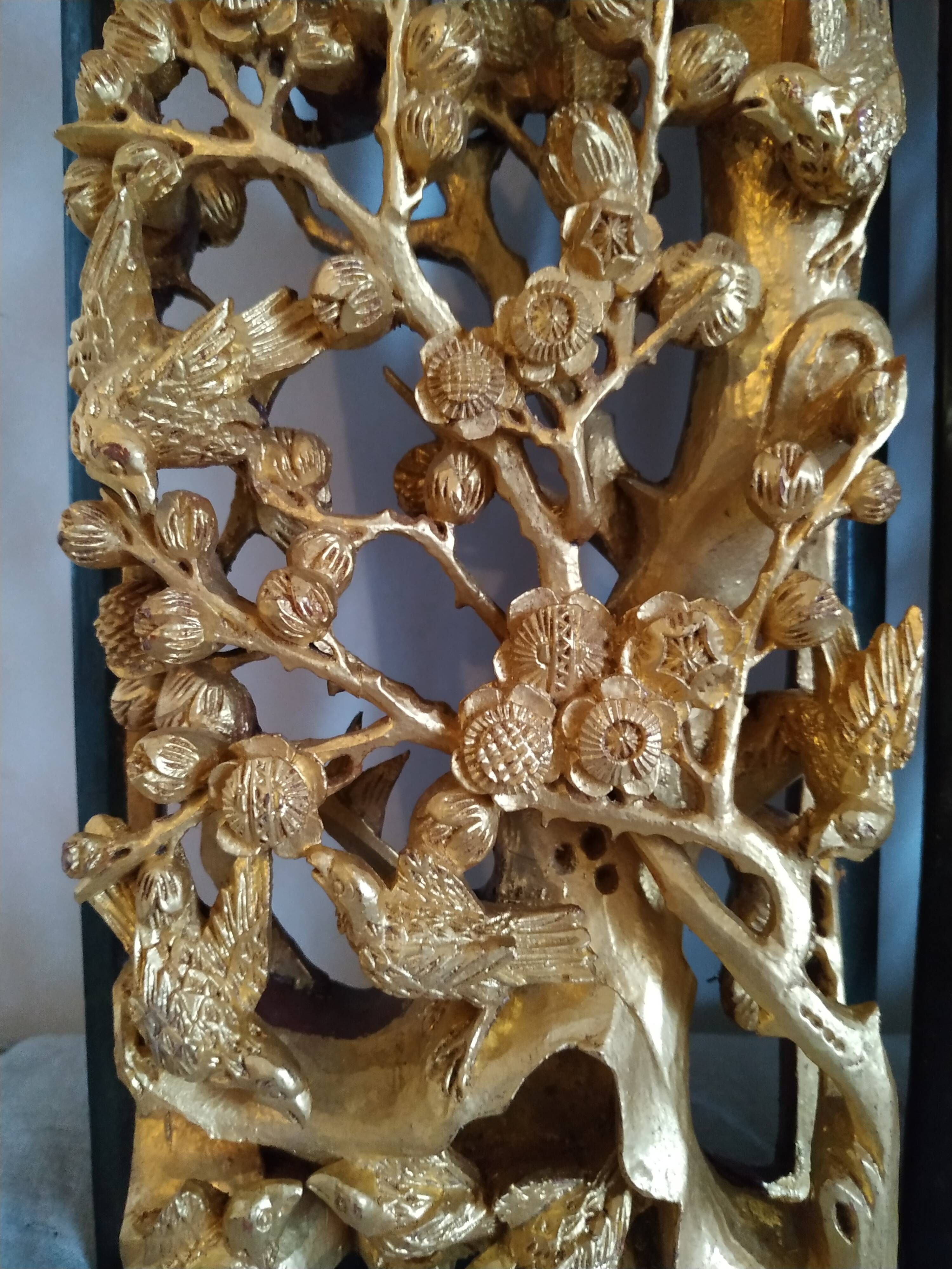 Pair of Ningbo panels in Chinese carved gilded wood
