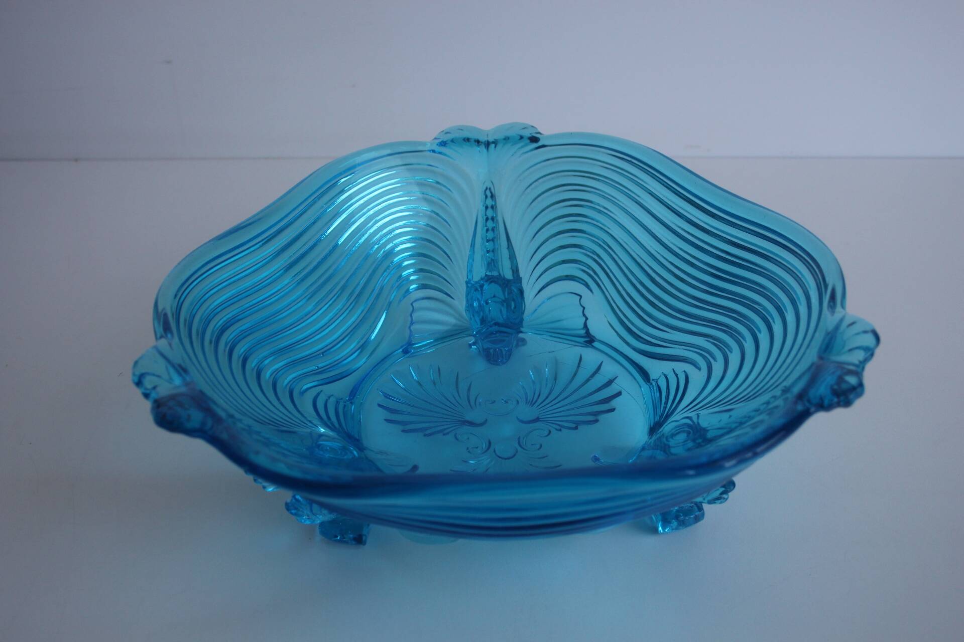 Rare Art Deco Glass Josef Inwald With Fish Feet Bowl-Gorgeous Rich Blue