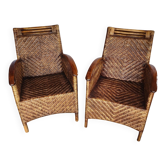 Paire de fauteuils en rotin tressé et bois verni - Vintage