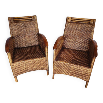 Pair of woven rattan and varnished wood armchairs - Vintage