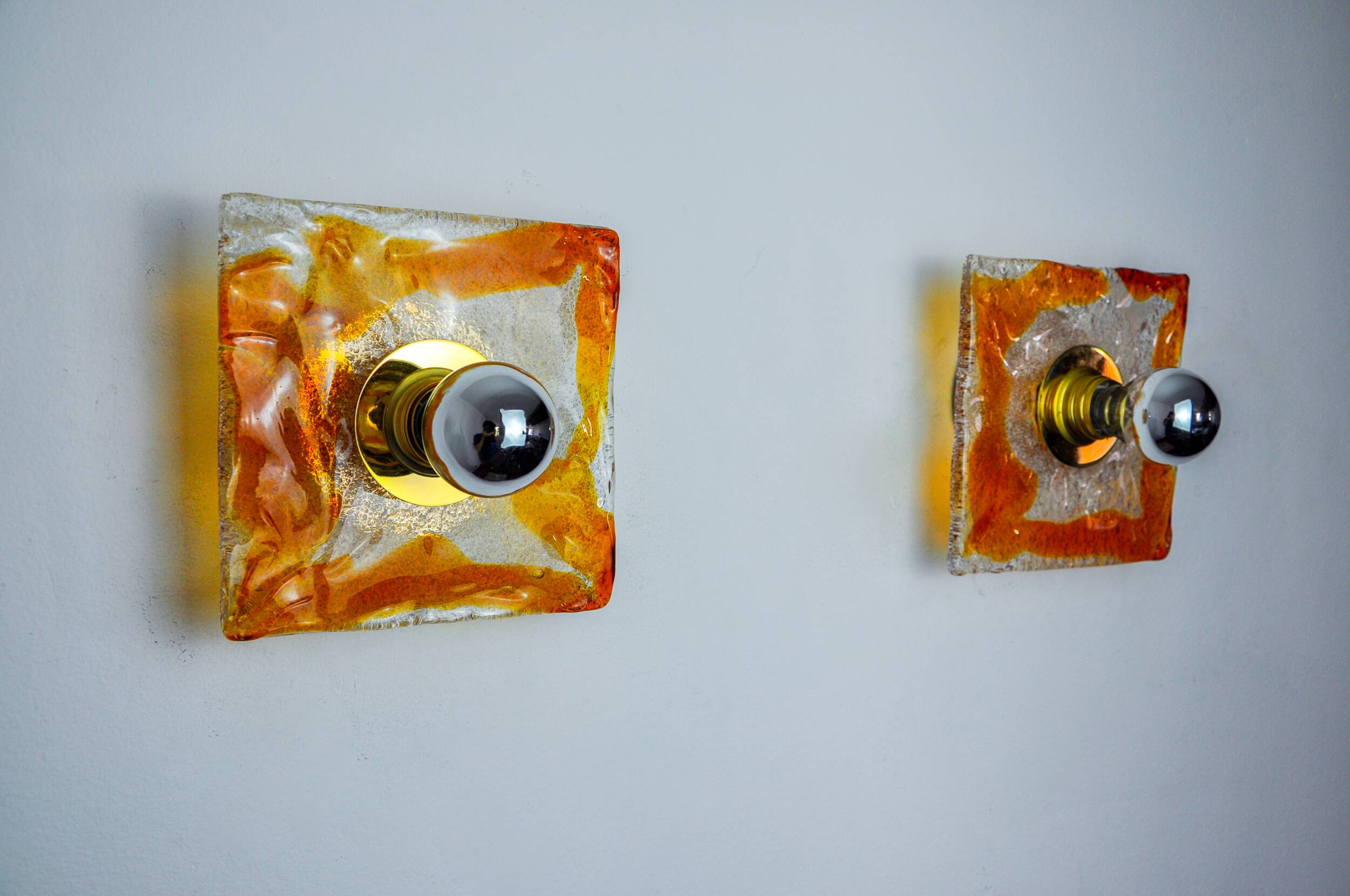 Pair of Murano Mazzega wall lights, orange frosted glass, Italy, 1970