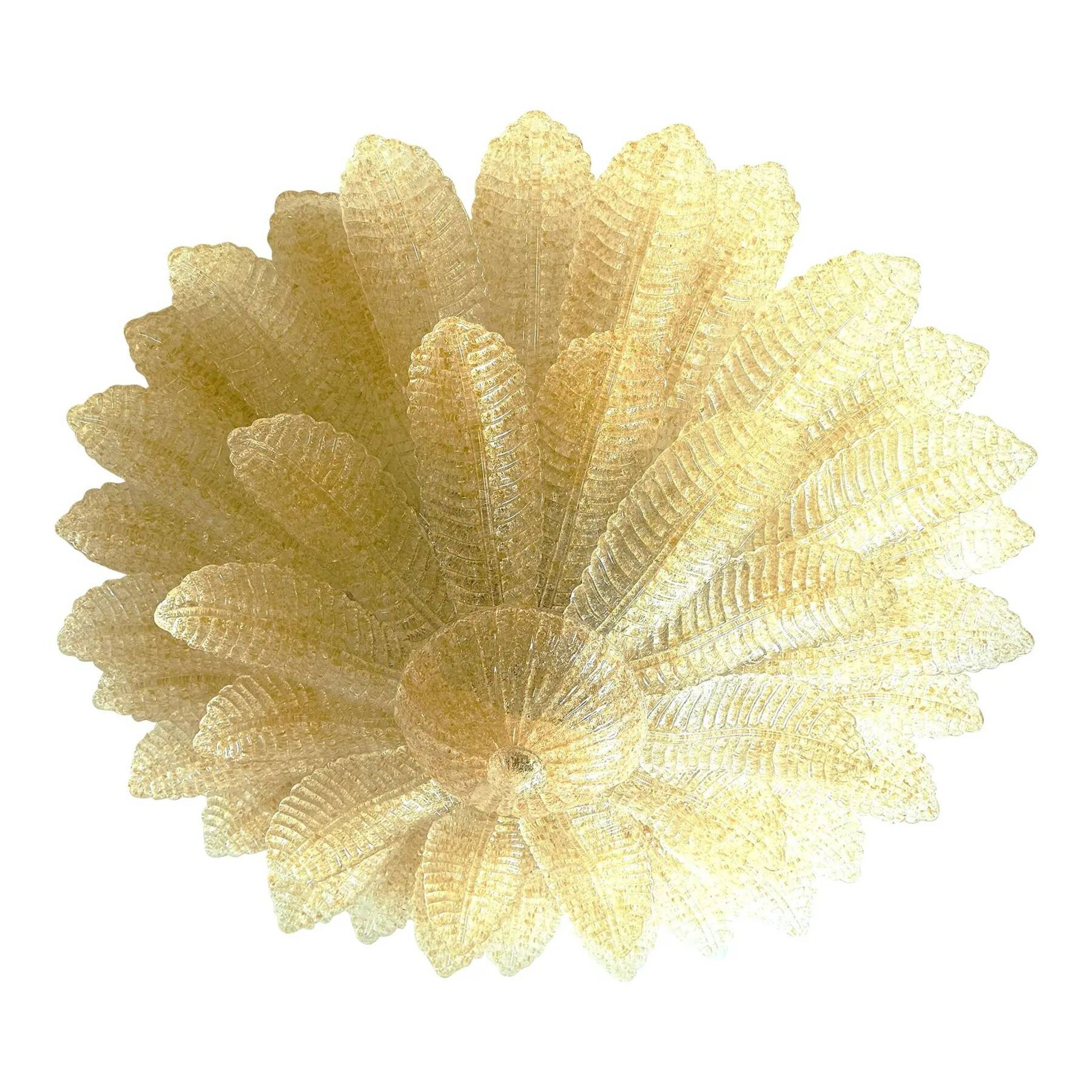 Luxury Venetian Amber ” Leaves Graniglia” Murano Glass Flush Mount