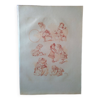Une planche en héliogravure enfant  de Dujardin illustrateur Adrien Marie 1883 ( lire description )
