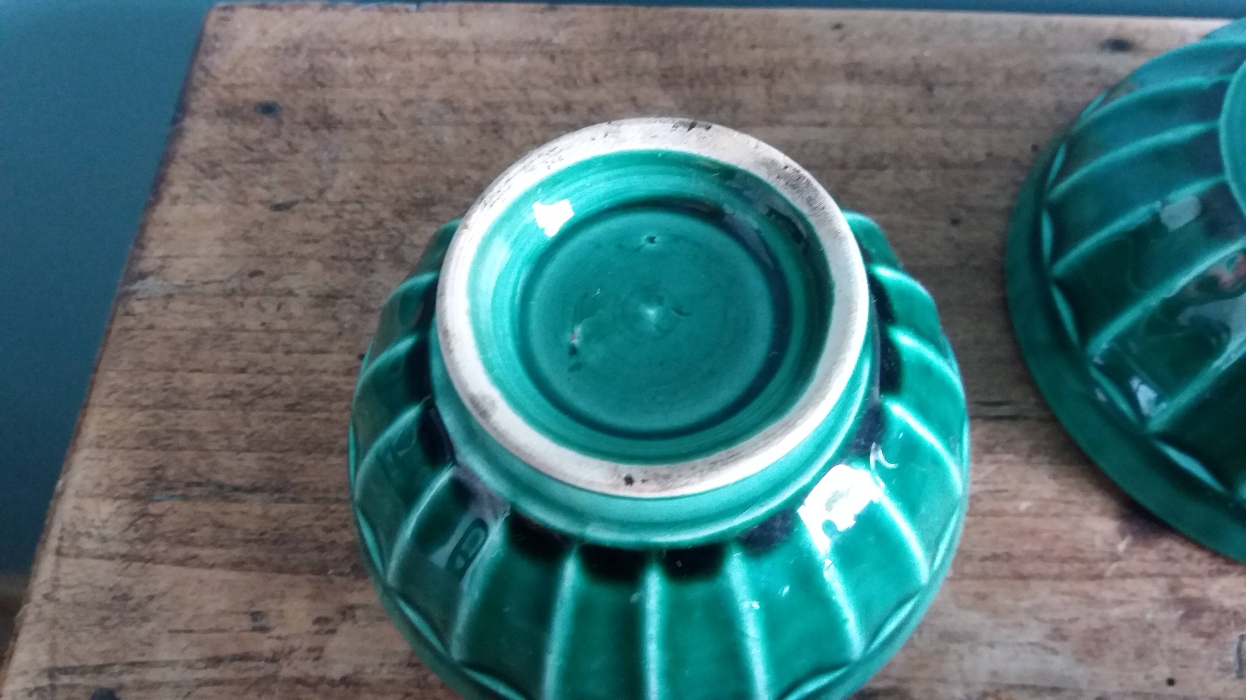 Emerald green glazed ceramic ribbed bowls