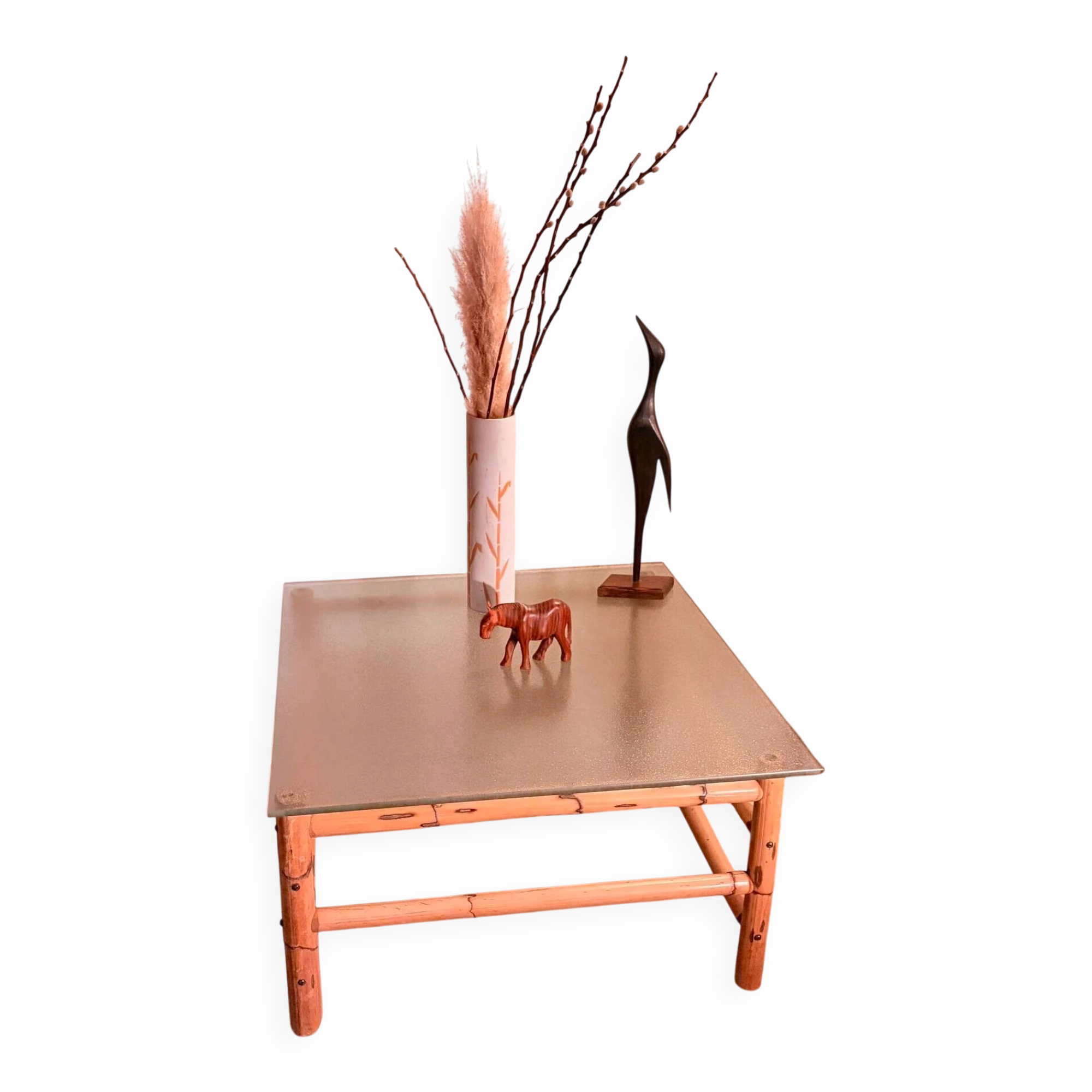 Vintage bamboo coffee table with glass top, 1970s, Brazil