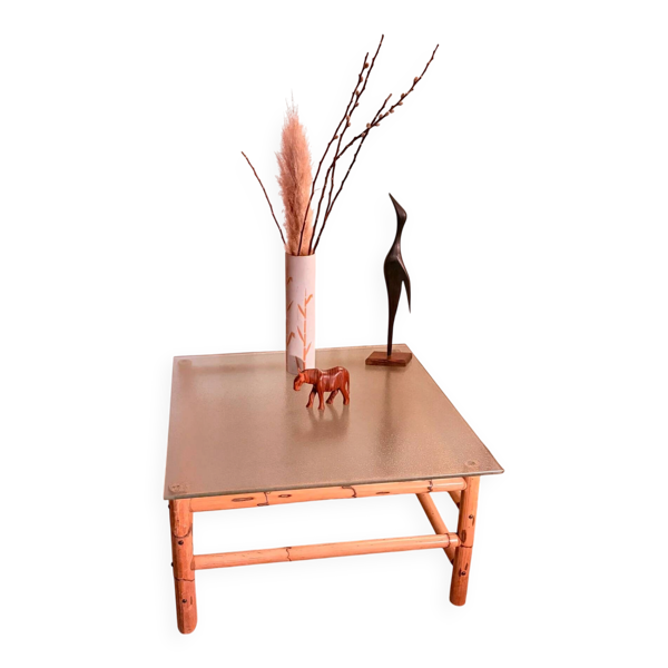 Table basse en bambou vintage avec plateau en verre, années 1970, Brésil