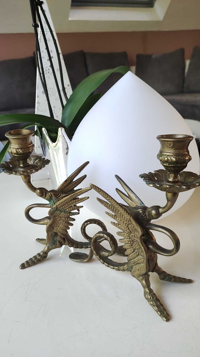 Pair of bougeoirs antiques dragons winged / chimeras / phoenix, style napoleon iii, 19th. in gilded bronze