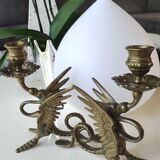 Pair of bougeoirs antiques dragons winged / chimeras / phoenix, style napoleon iii, 19th. in gilded bronze