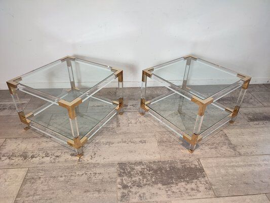 Set of 2 coffee tables in acrylic glass and brass, 1970s