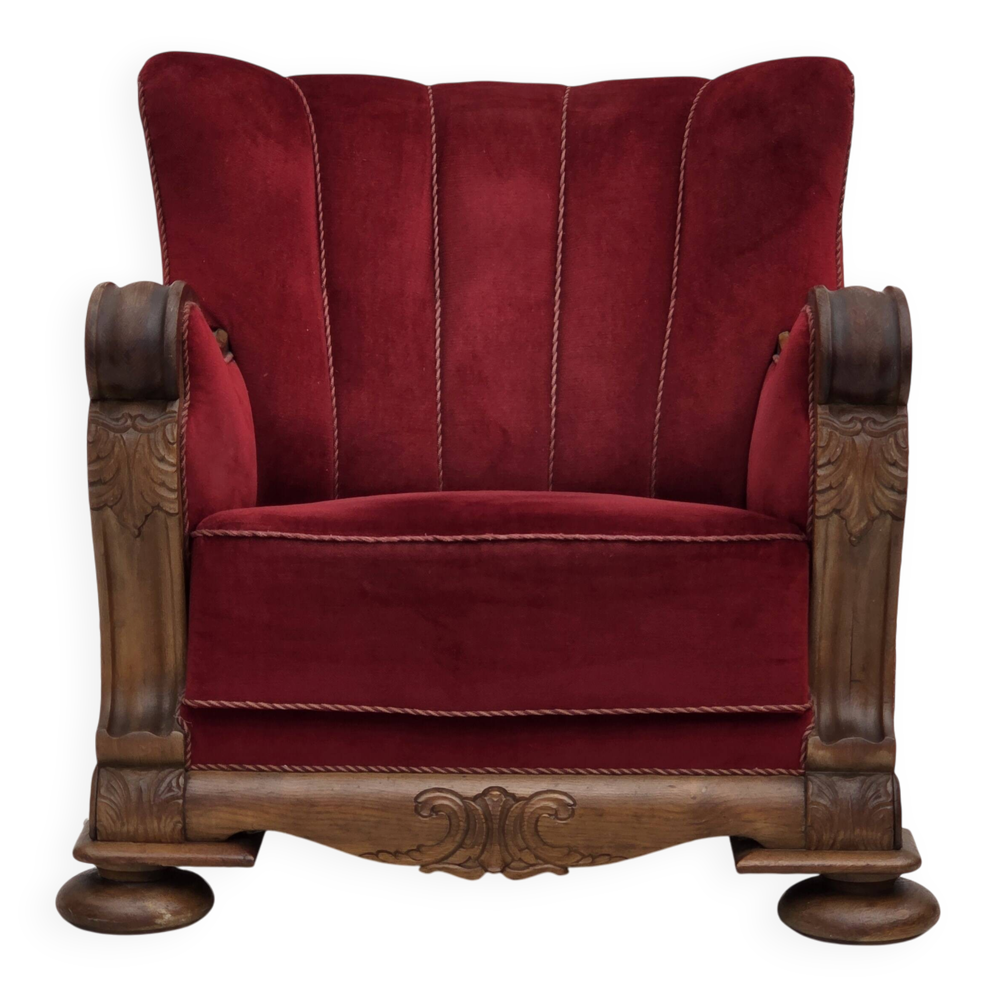 1950s, Danish relax armchair, furniture velour, carved oak wood.