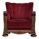 1950s, Danish relax armchair, furniture velour, carved oak wood.