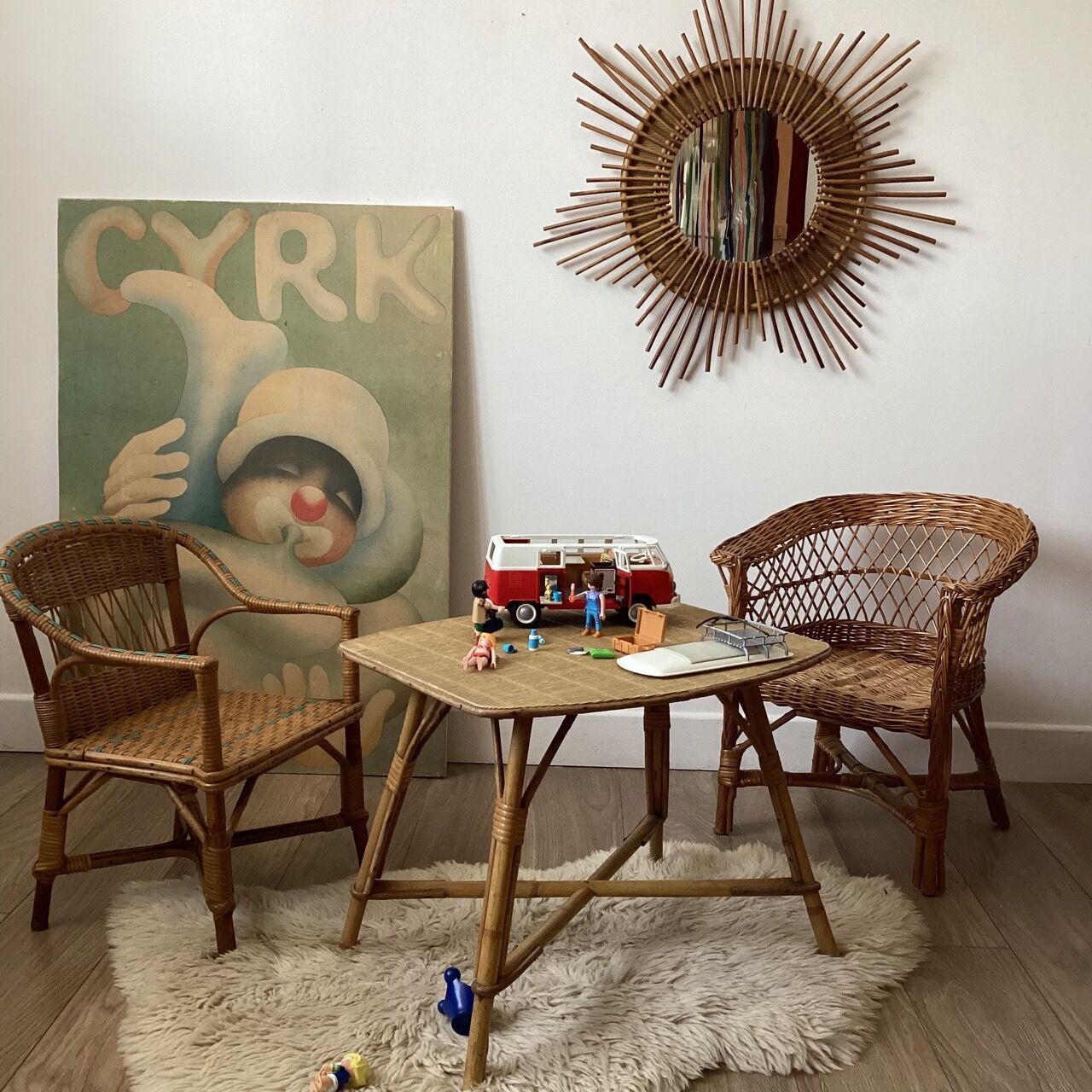 Children's armchair rattan / vintage blue