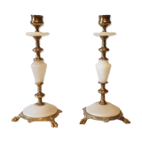 Pair of brass and alabaster candlesticks