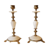 Pair of brass and alabaster candlesticks