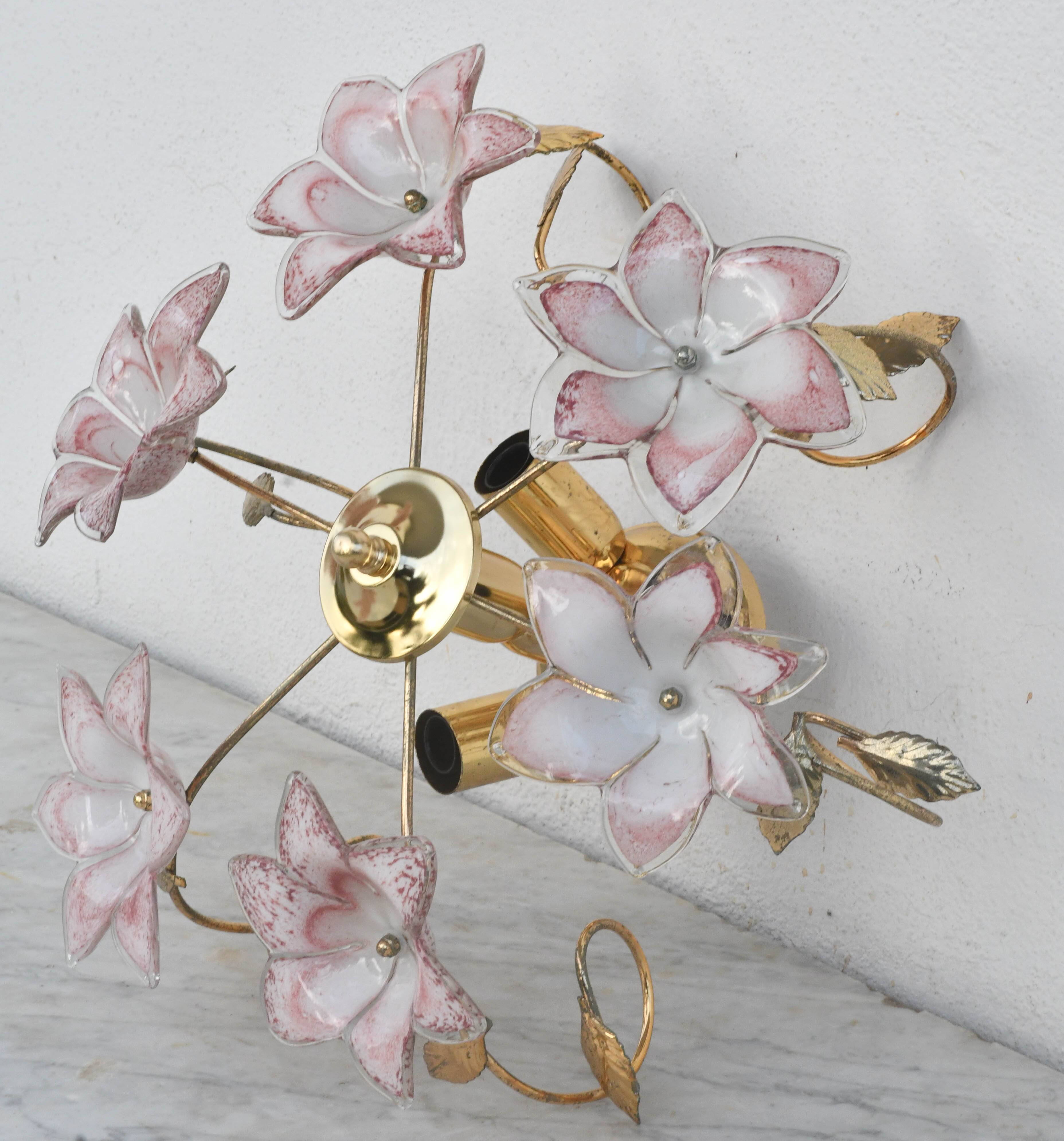 Set of 2 Charming Murano Vintage Ceiling Light Pink Flowers, 1970s