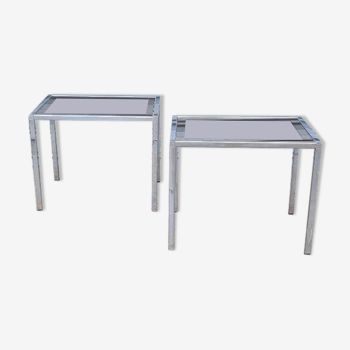 Pair of side tables in chrome metal and glass