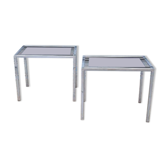 Pair of side tables in chrome metal and glass