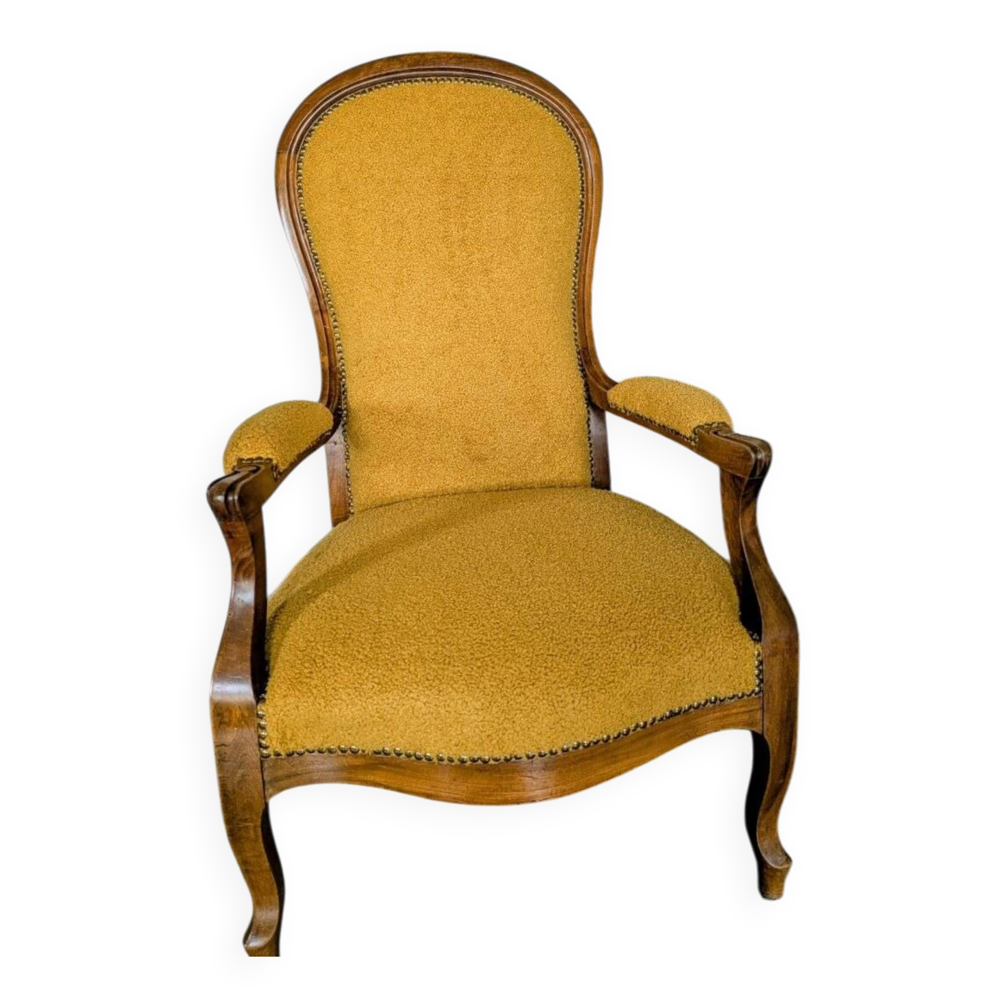 Restored antique Voltaire armchair, traditional upholstery, boucle fabric.