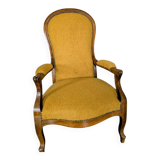 Restored antique Voltaire armchair, traditional upholstery, boucle fabric.