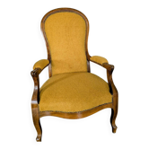 Fauteuil Voltaire ancien restauré, garnissage traditionnel, tissu bouclette