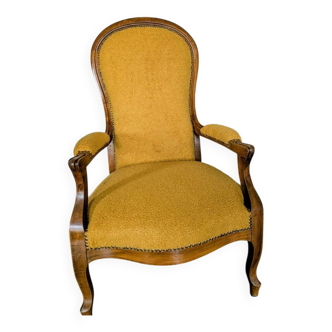 Restored antique Voltaire armchair, traditional upholstery, boucle fabric.